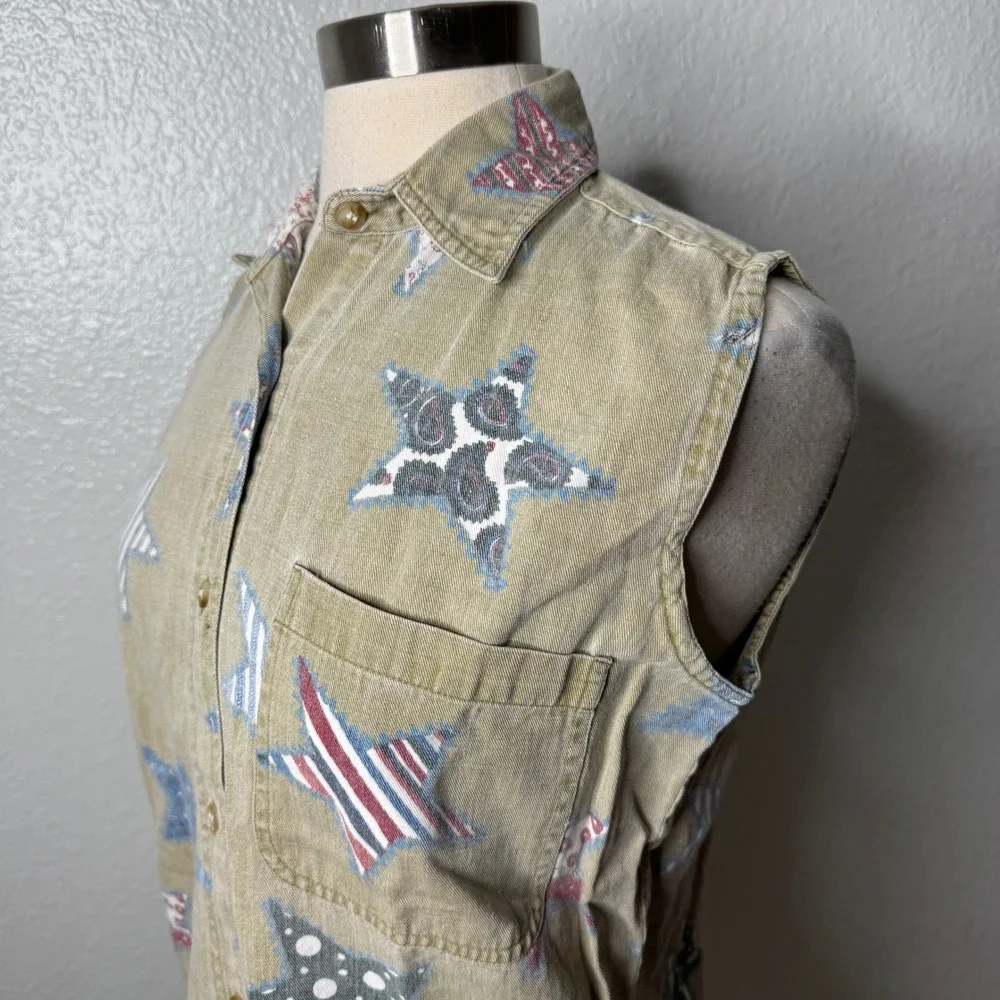 Vintage Quizz New York Americana Star Print Sleeveless Button Up Top Size Small